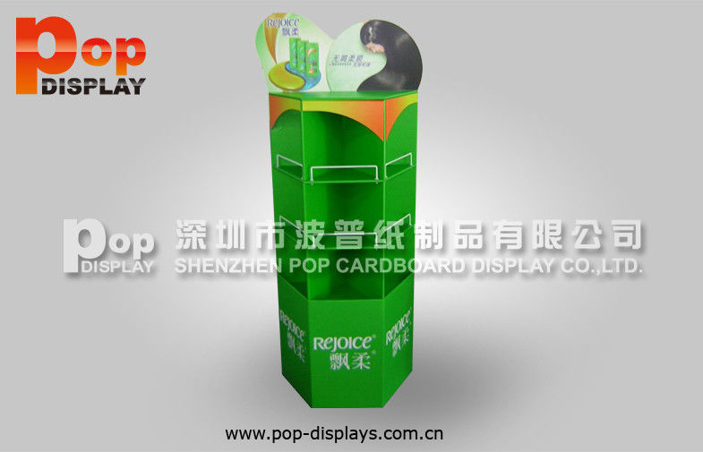Three-Sided Cosmetic Display Stands / Green Shampoo Floor Display With Compartments